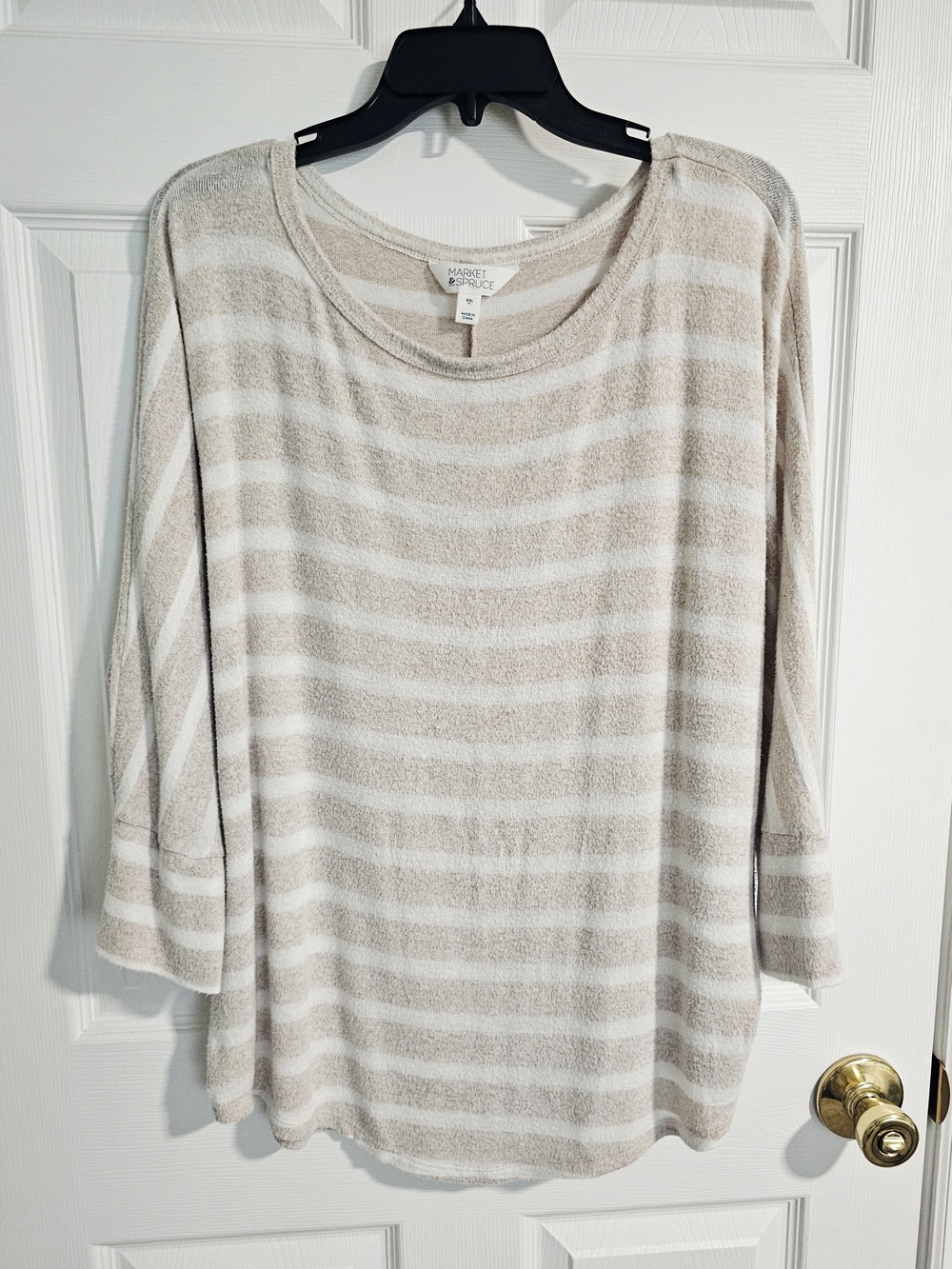 Market & Spruce Cream and Beige Striped Women’s Top - 3/4 Sleeve - XXL